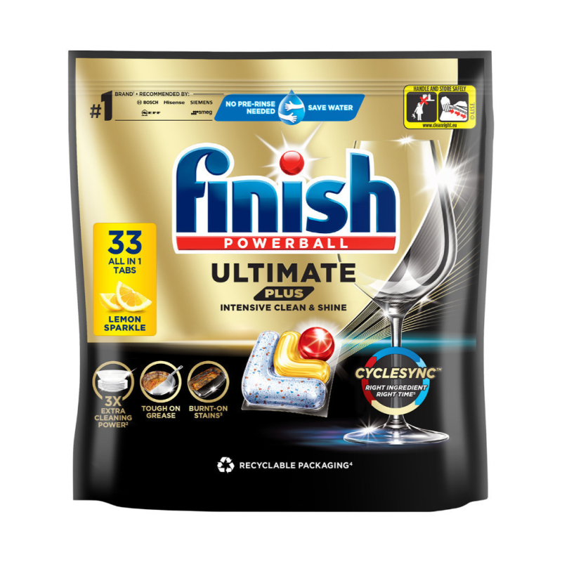 Túi 33 viên Finish Ultimate Plus 2025 hương chanh, chuẩn châu Âu, siêu cao cấp, 16 tính năng/viên, dùng cho máy rửa chén 13-15 bộ
